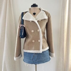 Y2K Route 66 Tan Penny Lane Jacket L (Fits Medium) Coat Faux Suede Sherpa Lined